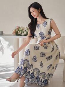 DAZY Women's Elegant Floral Pleated Round Neck Sleeveless Long Dress, Summer Wedding Guest Dress - Blue - View 1