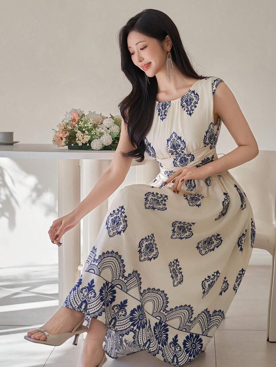 DAZY Women's Elegant Floral Pleated Round Neck Sleeveless Long Dress, Summer Wedding Guest Dress - Blue - View 1