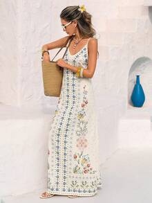 Vivid Eden V领露背休闲纹理面料连衣裙，适合女士外出和度假穿着 - 杏色 - 查看 7