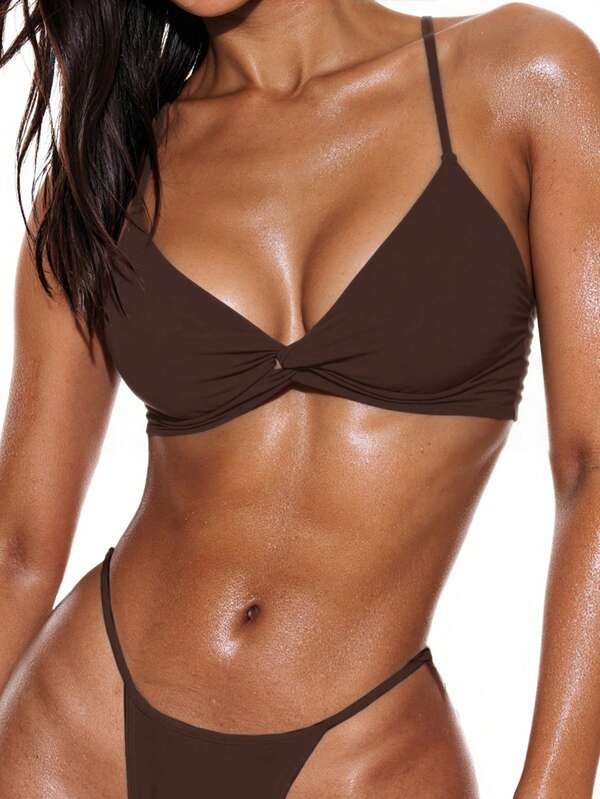 Swim Basics Women's Solid Color Twist Front Sexy Bikini Top Brown Bathing Suit Women Scrunch Bikini Brown Bikini Top Criss Cross Bikini Pushup Bikini