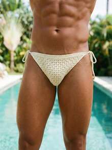 Manfinity Swimmode 男士纯色钩编系带泳裤，适合海滩度假，镂空休闲三角泳裤，男士丁字泳裤，男士沙滩套装，男士下装，情人节礼物 - 彩色 - 查看 4