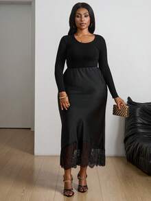 SHEIN PETITE CURVE Chân váy midi cạp trễ phối ren satin trơn cỡ lớn - màu đen - Xem 5