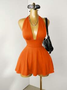 Mistrie Black Tight-Fitting Romper With Deep V-Neck, Backless Strap - Burnt Orange - View 3