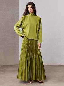 ZEYLAH 2pcs Women's Flowy Top With Pleated A-Line Midi Skirt Set, Spring - Olive Green - View 4