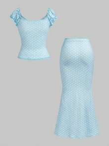 ROMWE Kawaii 女士夏季套装，2件套，V领蝴蝶结装饰撞色波点蕾丝拼接修身上衣和裙子 - 藍色 - 查看 2