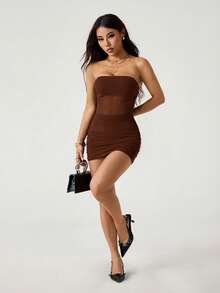 SHEIN PETITE Đầm ống ngắn ôm sát, phối lưới, màu trơn dành cho nữ, kiểu nhún bèo. - màu nâu - Xem 6