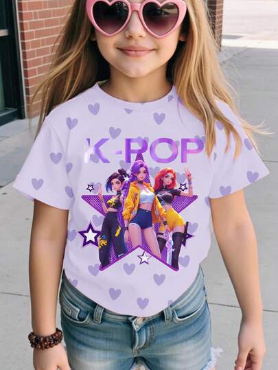 SHEIN Camiseta básica corta cómoda y fresca con estampado de cuadros, pentágono, corazón morado y eslogan para niñas preadolescentes, adecuada para primavera, verano y otoño