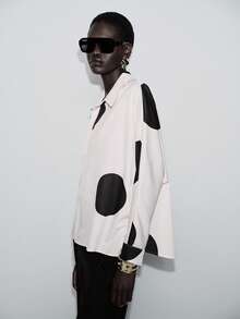 Lumivelle 女士休闲撞色印花蝙蝠袖衬衫，春秋季 - 杏色 - 查看 6