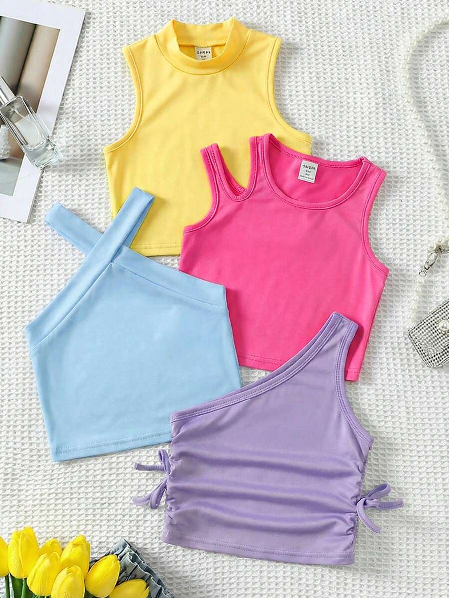 SHEIN 4件套少女纯色针织短款修身休闲背心套装 - 彩色 - 查看 1