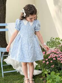 LMoss Kids Young Girl Woven Contrast Color Square Collar Puff Sleeve Casual Dress,Kids - Baby Blue - View 3