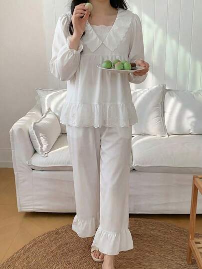 SHEIN Bộ 2 món đồ mặc nhà thoải mái dành cho nữ và thiếu nữ, gồm áo dài tay và quần, cổ và gấu áo viền hoa trang nhã.