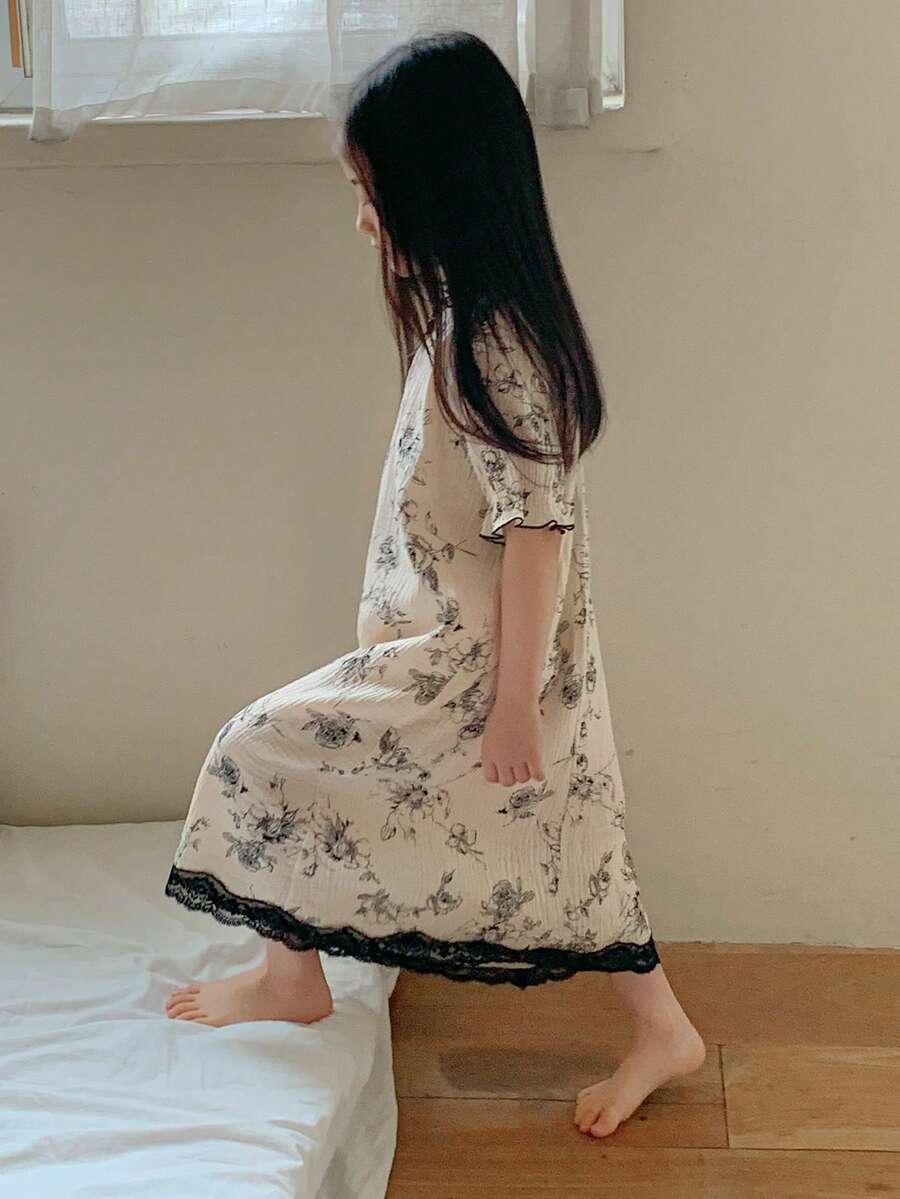DAZY Áo ngủ ren hoa ghép mảnh cho bé gái, mùa xuân hè. - trắng - Xem 1