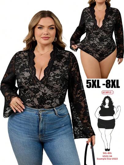 SHEIN CURVE+ Plus Size V-Neck Lace Bodysuit, Slim Fit Long Sleeve Bodysuit For Autumn