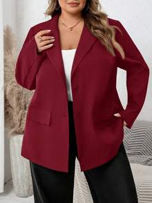 SHEIN CURVE+ Áo blazer nữ cỡ lớn màu trơn cổ ve áo tay dài kiểu dáng công sở thường ngày - Màu Đỏ Sâu - Xem 4