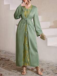 Al Najma 女士绿色编织镂空系腰优雅阿拉伯风格连衣裙，春夏款 - 綠色 - 查看 4