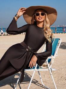 Swim Mulvari Women's Dark Coffee Wide-Sleeve Metal Buckle Belt Modest Swimwear 2pcs Set With Solid Slim-Fit Swim Pants, Summer Vacation Arabic Modest Beach Swimwear - Coffee Brown - View 5