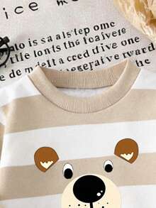 GraphicGems 两件套男婴休闲时尚套装，包括条纹小熊图案卫衣和配套运动裤，舒适百搭，适合秋冬春季穿着。 - 杏色 - 查看 7