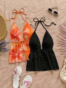 Soleia 2pcs Women Casual Backless Halter Tie Strap Cardigan Set, Suitable For Summer, Women's Vacation Wear, Hibiscus, Hawaiian Flower Spring - Multicolor - View 6