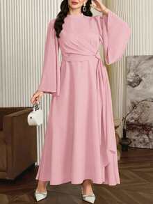 Modelyn Plus Size Women's Elegant Long Dress With Stand Collar And Flowing Scarf, Deep Red - Pink - View 1