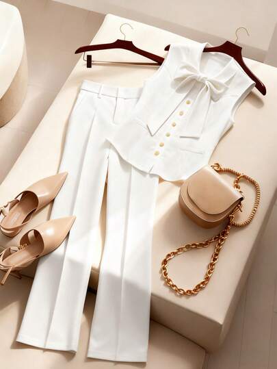 GlowEve CURVE 大码春夏优雅法式通勤休闲蝴蝶结腰带上衣和直筒裤两件套