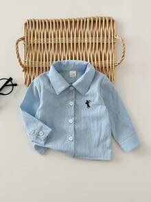 SHEIN Playful Pals 男嬰長袖鈕扣襯衫 水藍色刺繡 Polo 領正裝襯衫 開學季秋季休閒職業日格紋細節 - 藍色 - 查看 7