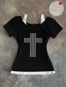 Glimmora Áo thun ngắn tay nữ kiểu dáng thường ngày, họa tiết đan chéo, đa năng, phù hợp mặc hàng ngày. - màu đen - Xem 5