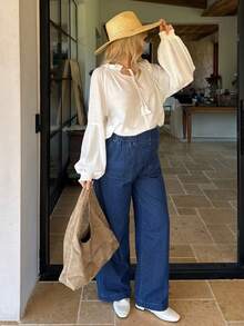 SHEIN Pregnant Women's Casual Everyday Loose Fit Pocket Denim Wide Leg Pants Spring To Summer Valentine's Day Carnival Costume Commuting Vacation Graduation Chic Y2k Cute Streetwear Party Wedding Elegant Business Casual Woman Women Wide Leg Jeans Pull On Elastic Waist Denim Pants With Pockets - Blue - View 6