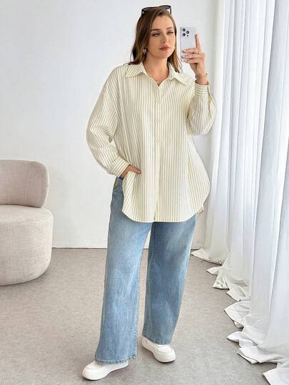 Shapeblank 大码女装春夏时尚休闲超宽松舒适日常百搭显瘦浅黄色条纹长袖衬衫，女式衬衫，宽松上衣，简约风格，春季穿搭