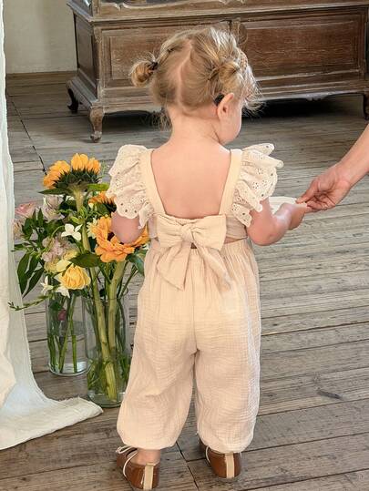 LMoss Kids 女婴纯色方领荷叶边休闲连体衣