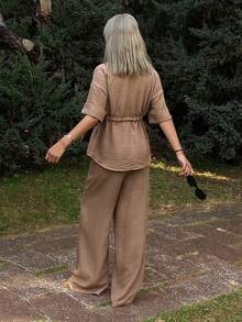 Livesso 2pcs Women Casual Collared Tie-Waist Top And Pants Set - Khaki - View 2