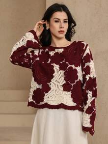 DAZY Women's Elegant Floral Print Crew Neck Sweater, Autumn/Winter - Burgundy - View 1