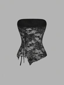 SHEIN MOD 2件組女款黑白蕾絲抹胸修身抽繩下擺開衩抹胸上衣，夏季優雅夜店舞會畢業舞會上衣 - 黑與白 - 查看 5