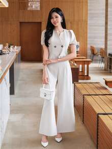 DAZY Bộ đồ nữ thanh lịch gồm áo sơ mi trơn màu và quần ống rộng, thích hợp cho mùa xuân/hè, váy dự tiệc cưới. - Màu be - Xem 6