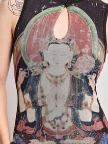 ROMWE 新款中国风佛像彩绘花卉印花女式上衣 - 彩色 - 查看 4