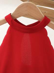 SHEIN 少女休闲优雅时尚纯红色立领无袖A字连衣裙，优雅花瓣下摆弧形下摆无袖连衣裙，情人节连衣裙 - 紅色 - 查看 4