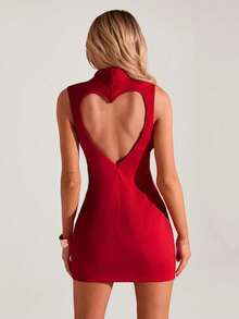 SHEIN Glamour 时尚优雅的红色编织无袖露背拼接连衣裙，适合单身派对、婚礼等场合穿着。 - 紅色 - 查看 3