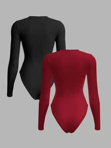 SHEIN Tall 2pcs/Set Women Solid Color Knitted Round Neck, Casual, Cozy Chic, Slim And Versatile Long Sleeve Bodysuit - Multicolor - View 9