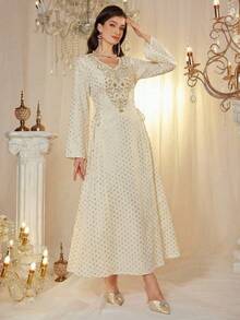 Al Najma Elegant & Luxurious Polka Dot Beaded V-Neck Side Tie Waist Midi Dress, Spring/Summer - Apricot - View 3