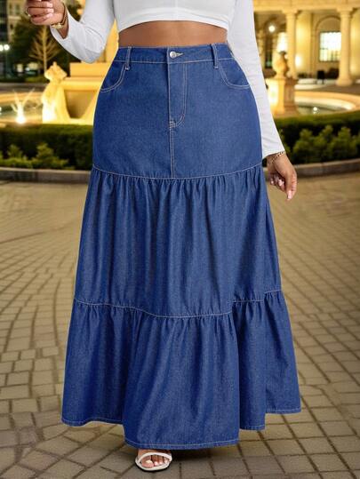 Slaydiva 大码女式宽松休闲牛仔A字裙
