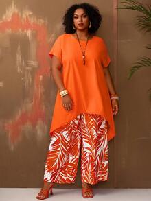 EMERY ROSE Plus Size Women Vacation Solid High-Low Hem Shirt And Tropical Plant Print Wide Leg Pants Set - Multicolor - View 7