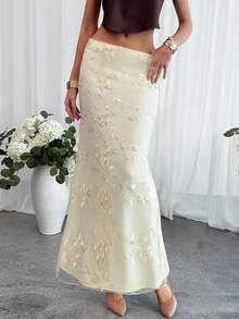 Aloruh 优雅浪漫刺绣网纱拼接半身裙，适合婚礼、约会、情人节等场合，低腰刺绣鱼尾长裙，优雅假日裙 - 杏色 - 查看 3