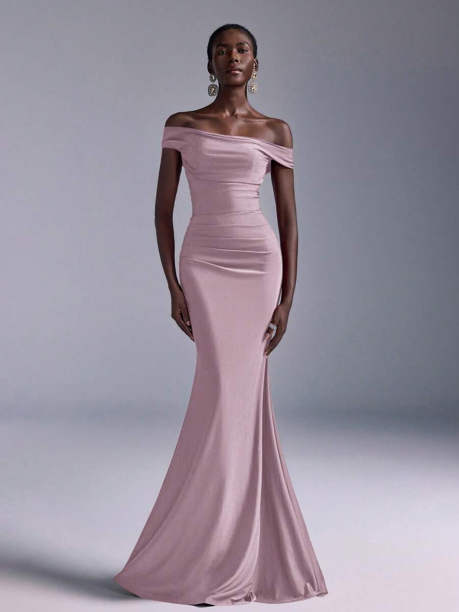 Elitara Elegant Ruched Off-Shoulder Mermaid Dress, Suitable For Weddings, Parties, Vacations, Prom, Bridesmaid (Adult) - Baby Pink - View 1