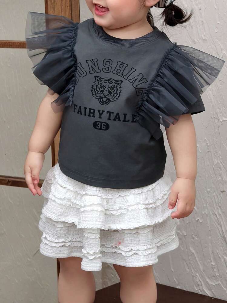 Baby Girls' Round Neck Ruffle Trim Mesh Casual Short Sleeve Letter Print T-Shirt Summer Toddler Girls Clothes