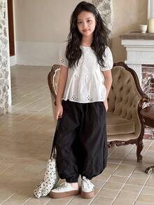 Dazy Kids Tween Girl Eyelet Embroidery Puff Sleeve Peplum Top - White - View 5