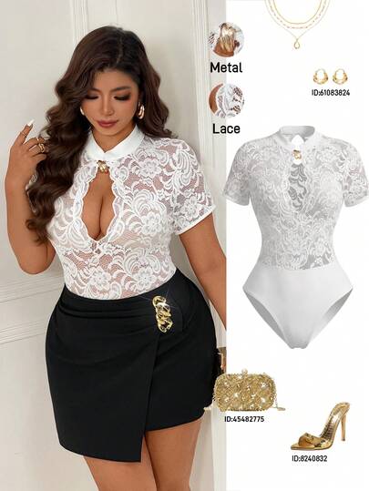 Femmeverse Plusstorlek Dammode Sexig, Stand Collar, Ihålig Spets Enfärgad Bodysuit