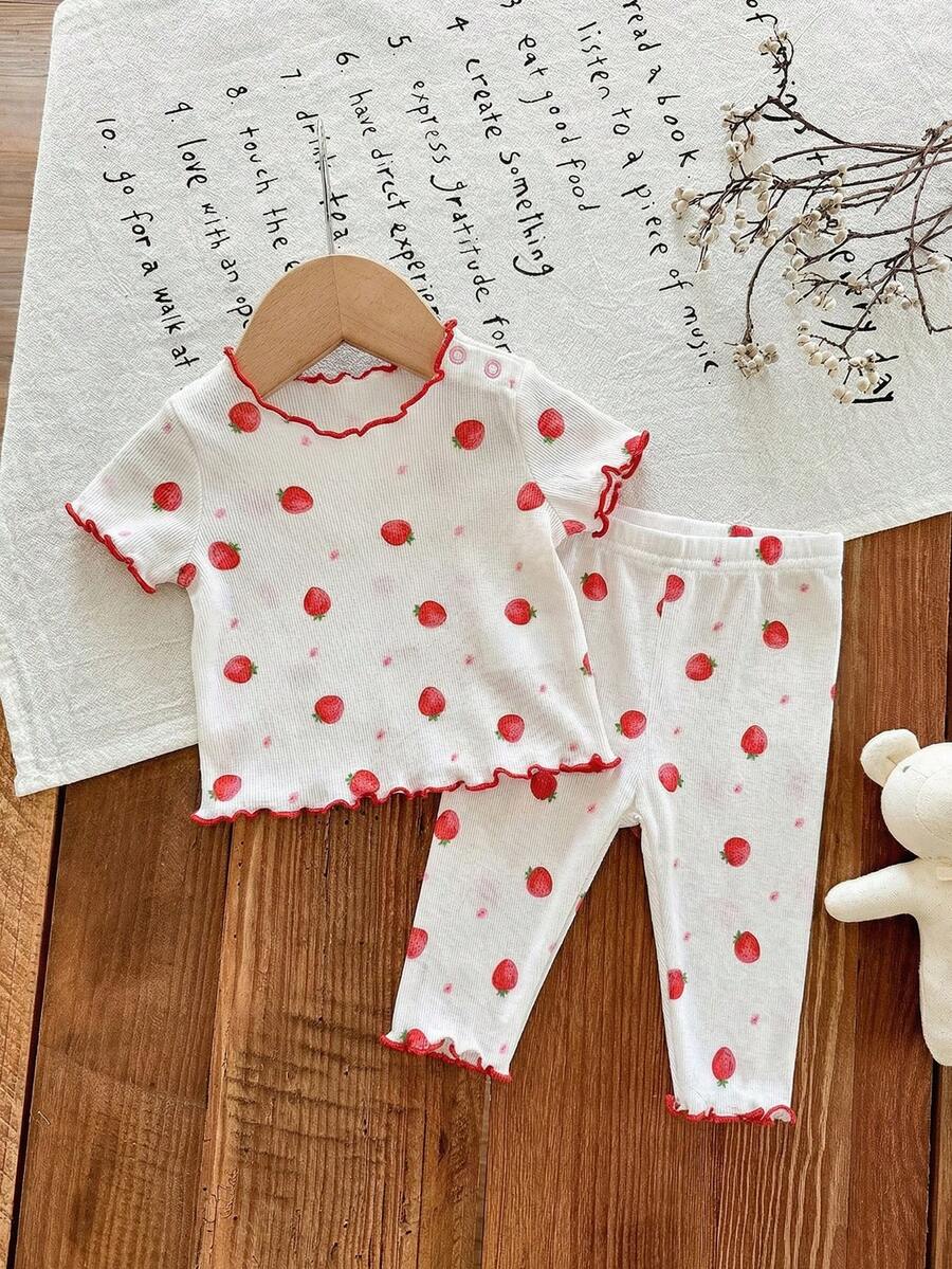 SHEIN LMoss Kids 新生女宝宝可爱卡通图案荷叶边圆领短袖针织柔软睡衣套装,2件套 - 彩色 - 查看 1