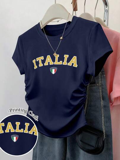 SHEIN Women's Waist Cinched Short Sleeve Fitted Ruched Waist Top Italy Letter Print Graphic Short Sleeve Stripe T-Shirt Tee