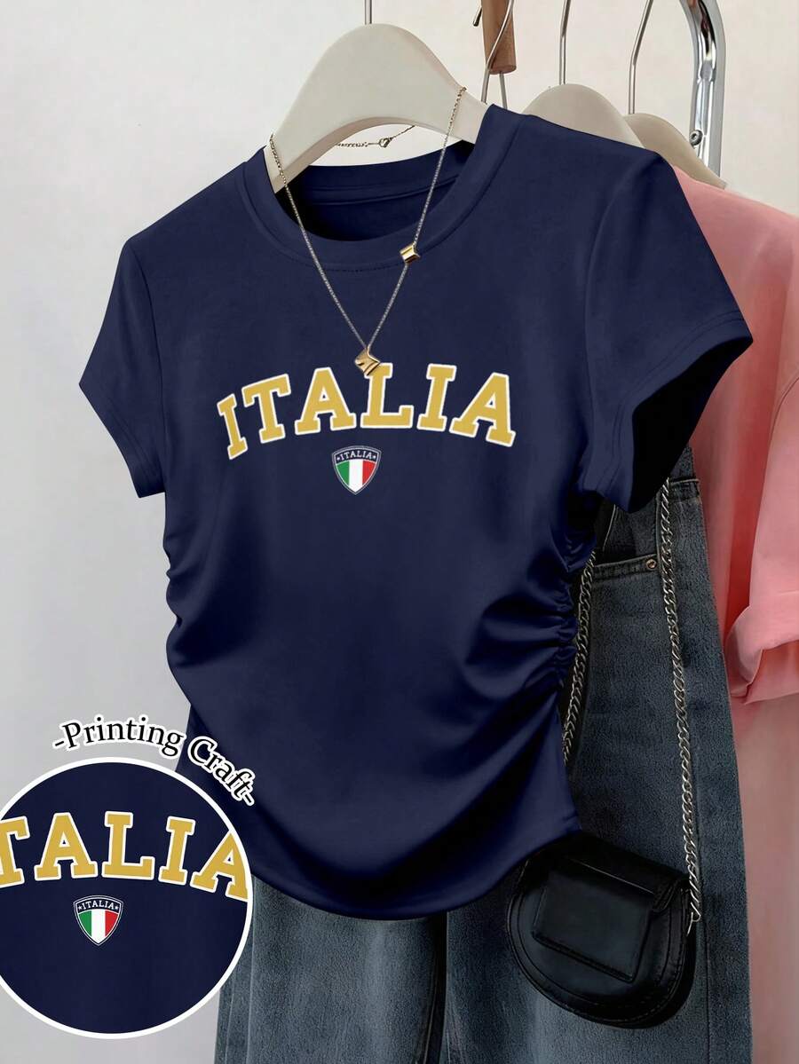 SHEIN Áo thun nữ tay ngắn ôm eo, xếp ly, in chữ Italy, họa tiết kẻ sọc. - Màu xanh hải quân - Xem 1