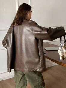 DAZY Women's Loose Fit Old Money Design Casual Brown Leather Jacket, Versatile For Spring, Summer, Autumn, Winter - Brown - View 2