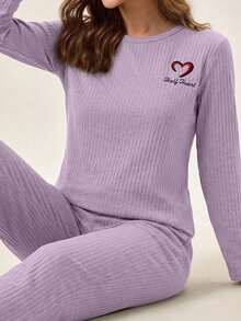 EURMUSE 100%Cotton Letter Embroidery Ribbed Knit Lounge Set - Lilac Purple - View 3